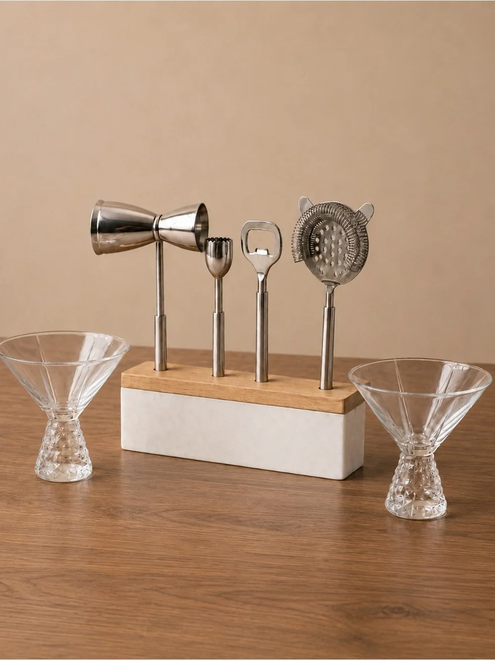 Stainless Steel Bar Tool Set with Marble & Wood Stand - Silver